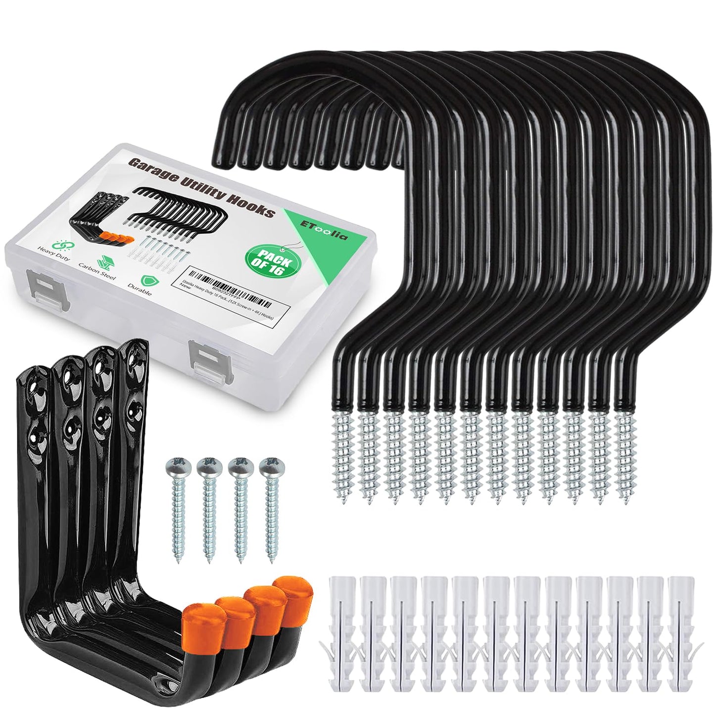 Etoolia Heavy Duty 16 Pack 4.5 Inches Garage Utility Hooks for Bike Storage, 5.7 Inches Wall Mount Screw Ceiling Hooks - Hanger for organizing Bikes, Ladder, Extension and Power Tools