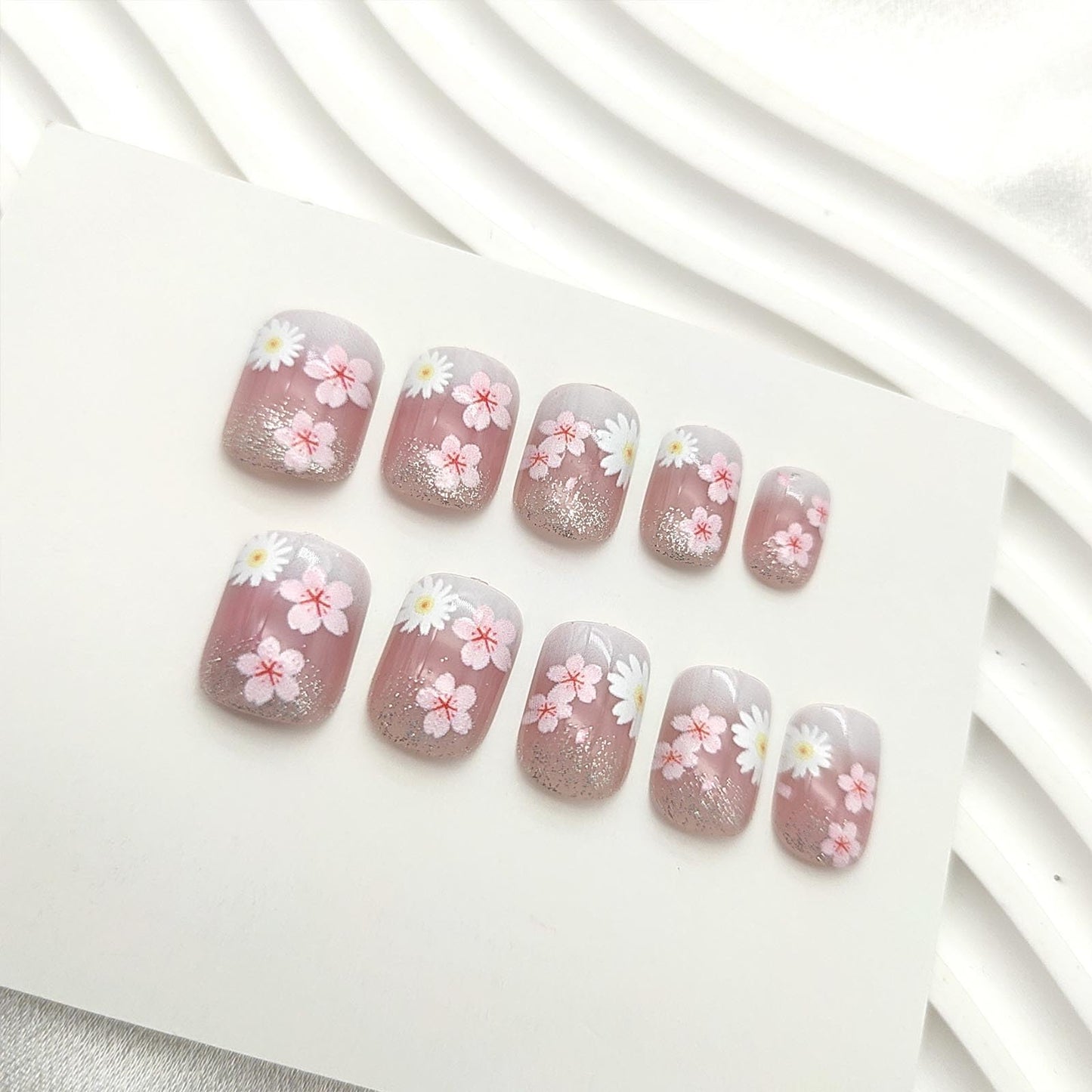 Flower Press on Nails Short Square Fake Nails with Floral Glitter Designs Spring Nails Press ons Pink White Glue on Nails Cute False Nails Summer Stick on Nails for Women 24Pcs