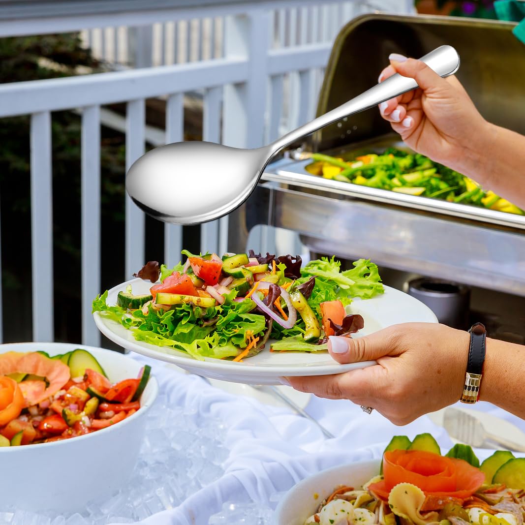 Stainless Steel Metal Serving Utensils - Large Serving sets-10" Spoons, 10" Slotted Spoons and 9" Tongs by Teivio (Silver, Set of 12)