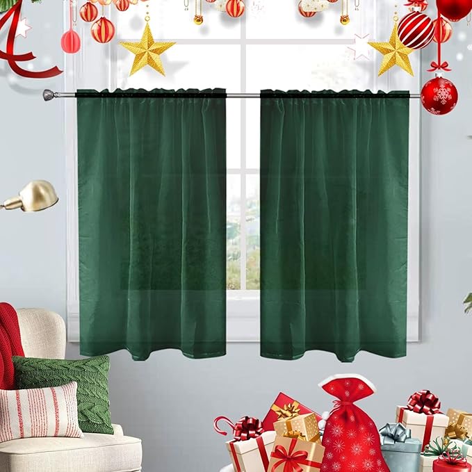 SpaceDresser Basic Rod Pocket Sheer Voile Window Curtain Panels Foliage Green 1 Pair 2 Panels 26 Width 24 Inch Long for Kitchen Bedroom Children Living Room Yard（Foliage Green，26Wx 24L）