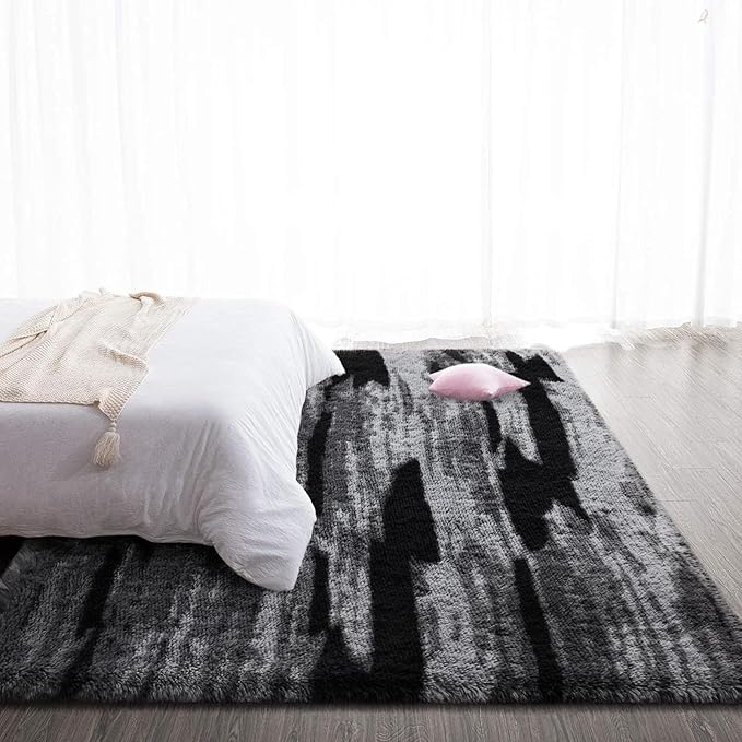 TWINNIS Super Soft Shaggy Rugs Fluffy Carpets, 6x9 Feet, Indoor Modern Plush Area Rugs for Living Room Bedroom Kids Room Nursery Home Decor, Upgrade Anti-Skid Rectangular Fuzzy Rug, Black Gray