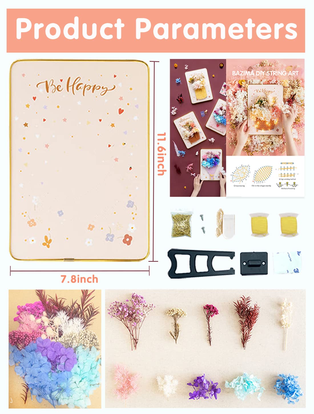BAZIMA ALICE DIY String Art Kit for Beginner,Flowers String Art, DIY Dried Flowers Craft Kit, Unique Gift, Craft Kit for Holidays,Envelope and Flowers