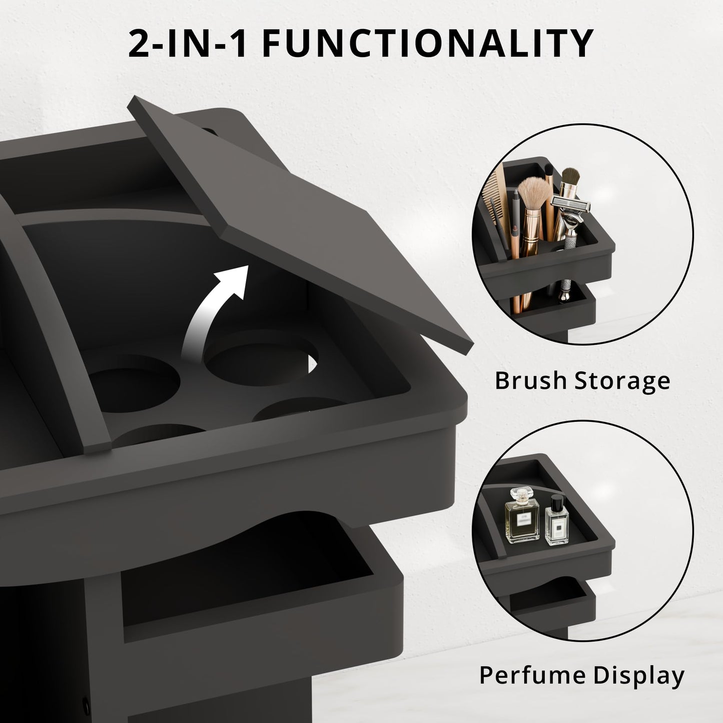Rotating Cologne Organizer for Men, 3 Tier Wood Cologne Holder Stand with Brush Storage, 360 Spinning Perfume Display Shelf for men's Vanity, Multi-Layer Bathroom Organizers and Storage, Black