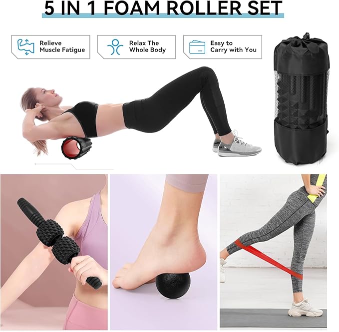 5 in 1 Foam Roller Set, Trigger Point Back Roller, Muscle Roller Stick, Massage Ball, Massage Roller, Resistance Band for Deep Tissue Massage Fitness Exercise Yoga Pilates(Black)
