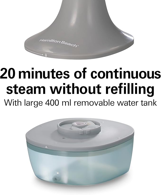 Hamilton Beach Handheld Garment Steamer for Clothes, Fabric and Drapes,1200 Watts, 400ml Water Tank, 20 Minutes of Continuous Steam, Vacation Essentials, Gray & Blue (11557)