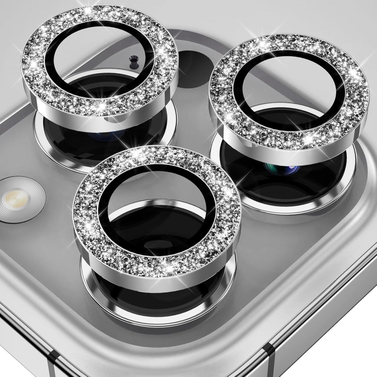 YWXTW Designed for iPhone 14 Pro/iPhone 14 Pro Max Camera Lens Protector Bling, [New Glitter Design] Individual Metal Tempered Glass Camera Cover Accessories Case Friendly, 1 Set (Silver Glitter)