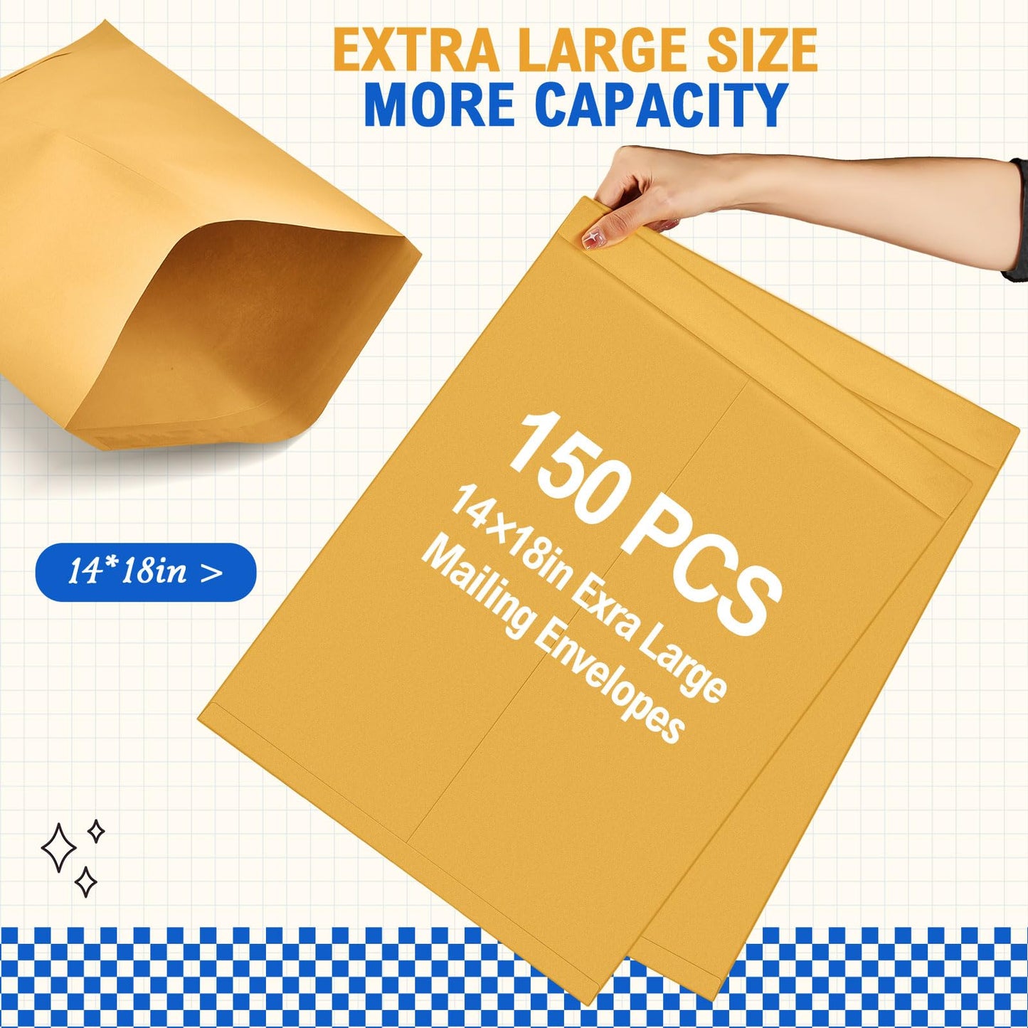 Motipuns 150 Pcs 14" x 18" Extra Large Mailing Envelopes 32lb with Gummed Flaps, Catalog Jumbo Craft Envelopes for Mailing, Storage and Organizing Documents Office Supplies(Yellow)