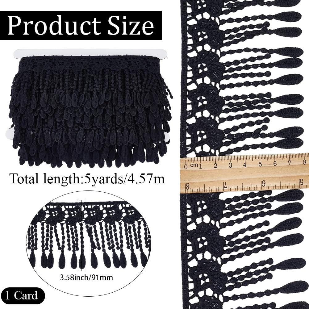 CABODYALS 5 Yards 3 5/8 Inch Wide Black Lace Fringe Trim Embroidery Trimmings Braid Fabric Polyester Crochet Floral Tassel Durable Ribbons for Sewing Making Dress Curtain Wedding DIY Craft Supply