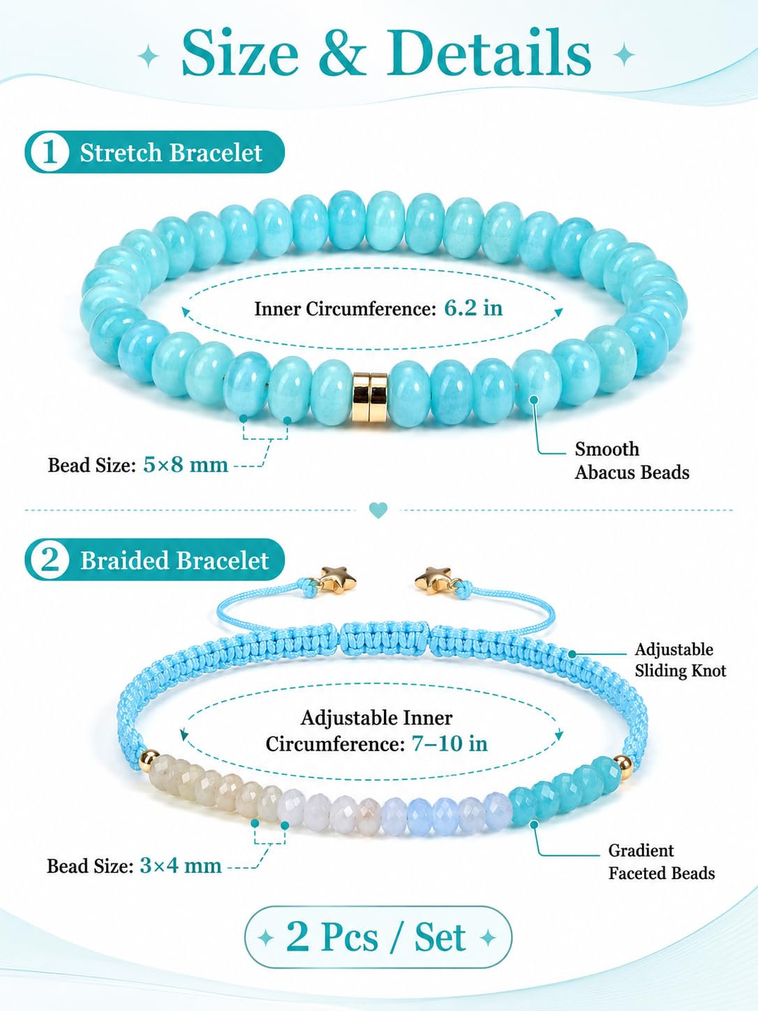 CrystalTears Amazonite Beaded Bracelets for Women, 2pcs Stackable Boho Crystal Gemstone Bracelets Set with Stretch Bracelet and Adjustable Braided Bracelet Summer Beach Jewelry Gifts for Women Her