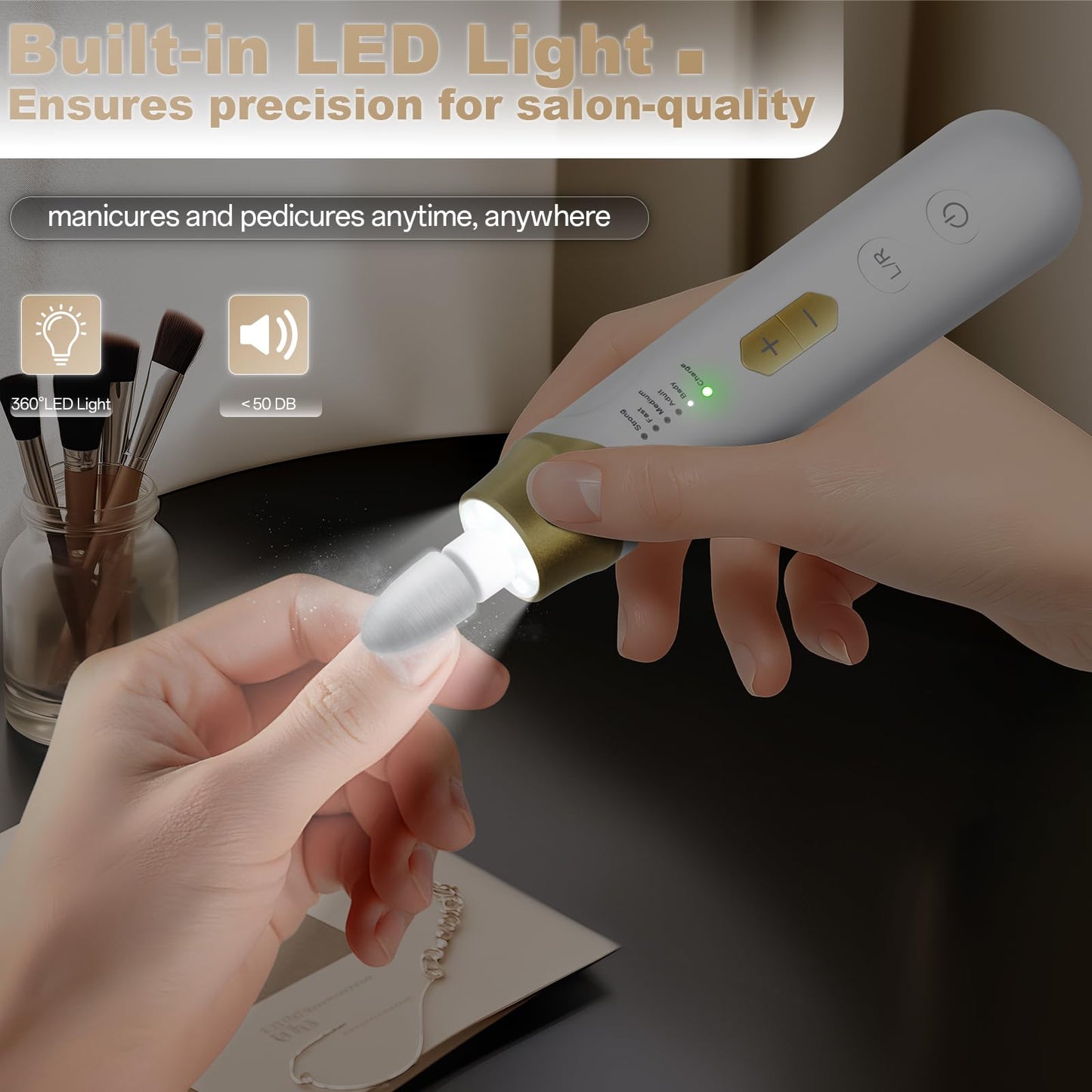 Electric Nail File Drill, Cordless 2000 mAh Rechargeable Nail Filer Electric, Portable Nail Dril Machine Drill for Nails Acrylic Manicure and Thick Toenails Buffer Grinder Care Professional (Golden)