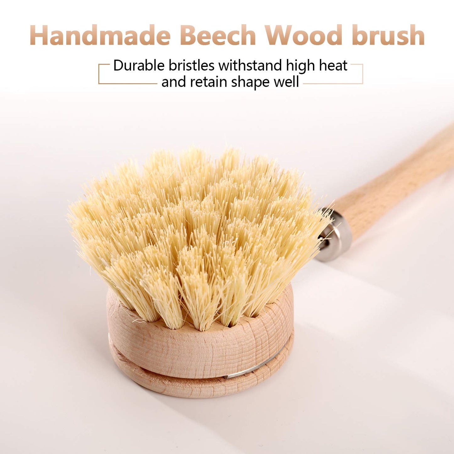 Boao Dish Brush with Beechwood Handle with 2 Replacement Heads Natural Wood Dish Scrub Brush for Washing and Cleaning Pots and Pans