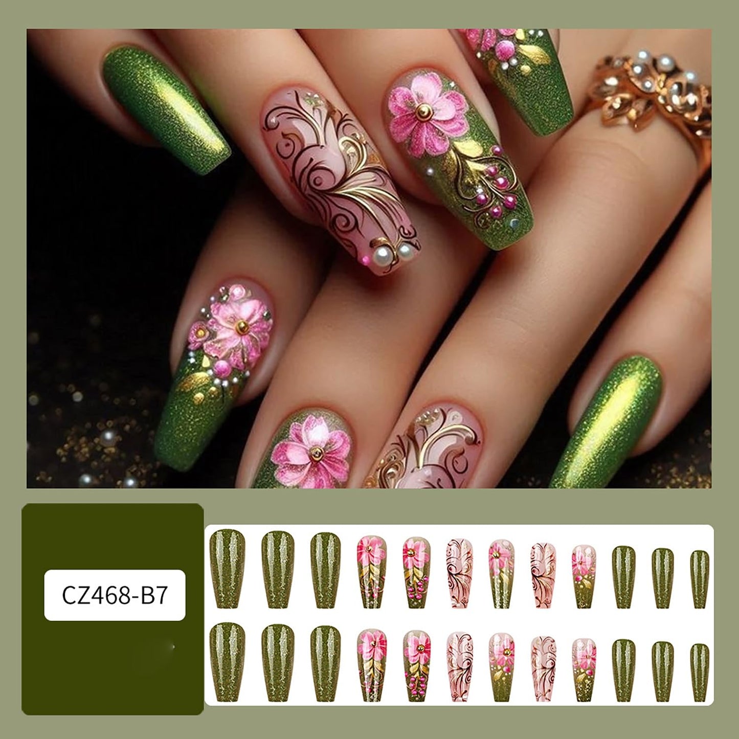 TBRZTR Flower Press on Nails Long Length Full Cover Glossy Green Stick on Nail Floral Pearl Design Ballet Shaped Gradient False Nails Reusable Artifical Acrylic Press Ons Glue on Nail for Women 24Pcs