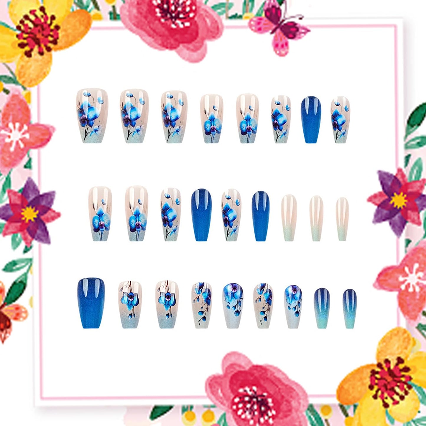 TBRZTR 24Pcs Blue Gradient Press on Nails Medium Ballet Shaped Blue Flower Pattern Design Full Cover Glossy Floral Stick on Nail Medium False Nail Artificial Acrylic Press Ons Glue on Nail for Women