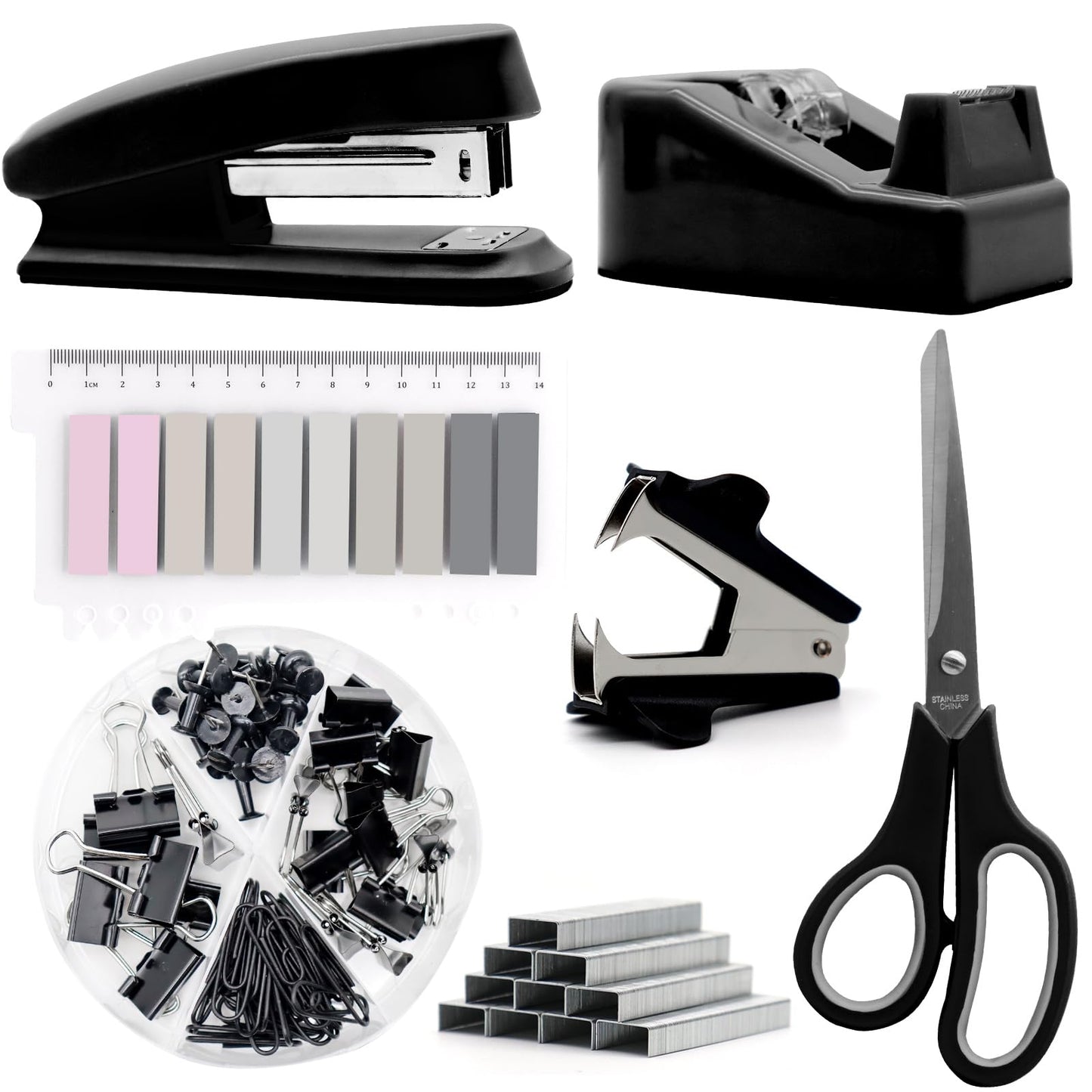 OfficeMate Stapler & Tape Dispenser Set - Black Desk Accessory Kit, Gift for Students, Women, Coworkers, Boss Lady, Office Clerks
