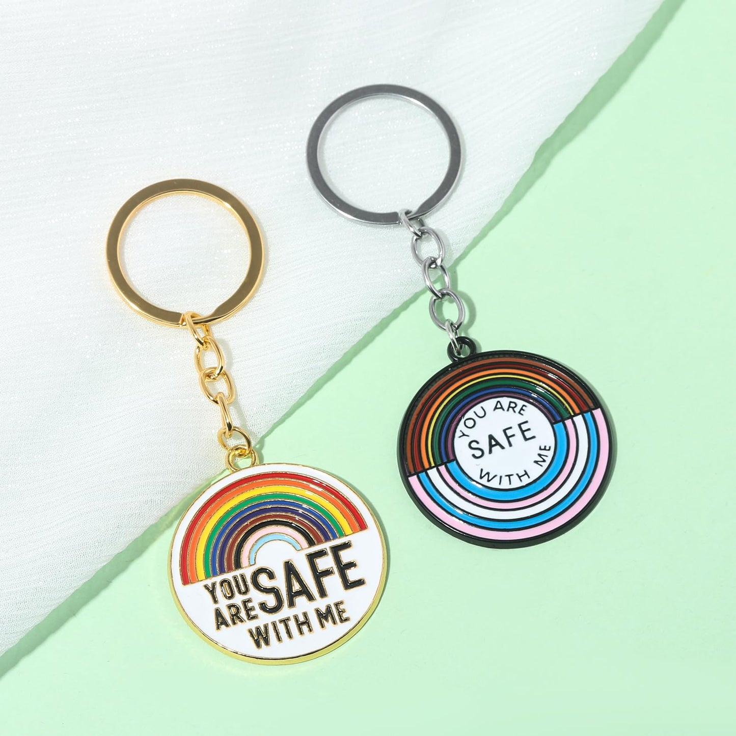 FunBoat “You Are Safe With Me” Keychain, Pride Gift for LGBTQ Friends, Safe Space Ally Rainbow Key Chain, Inspirational Keyring (Rainbow1+2)