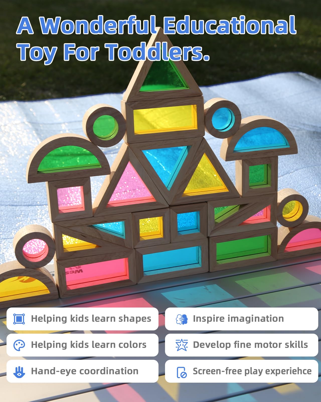 JOLKID Wooden Building Blocks with Rainbow Acrylic Windows - 24pc Classic Montessori Stacking Set - Screen-Free Educational STEM Construction Toys for Toddlers Ages 18M+