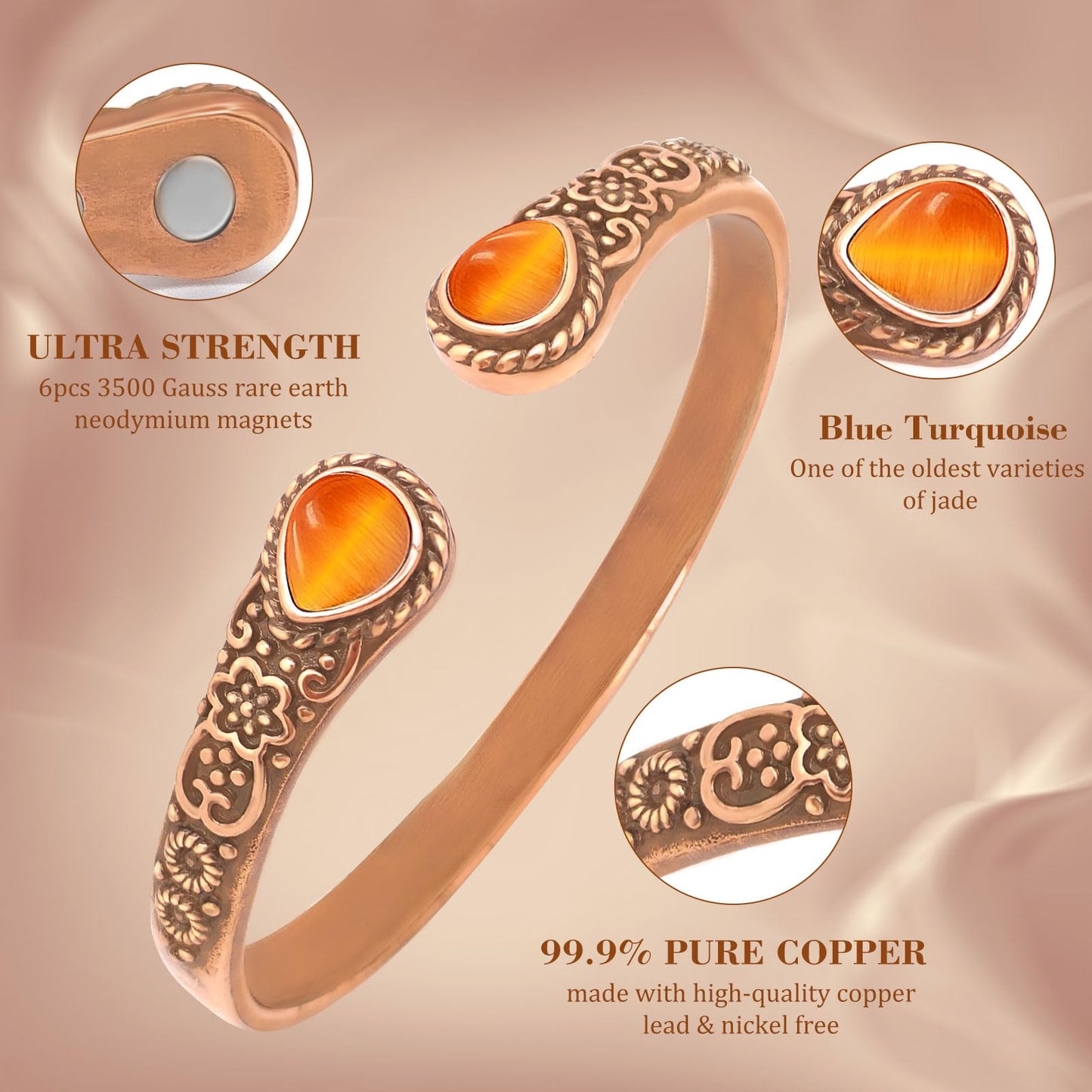 JEROOT Copper Bracelet for Women 99.99% Pure Solid Copper Magnetic Bracelet with Turquoise, Adjustable Cuff Elegant Jewelry Gift for Mom Wife