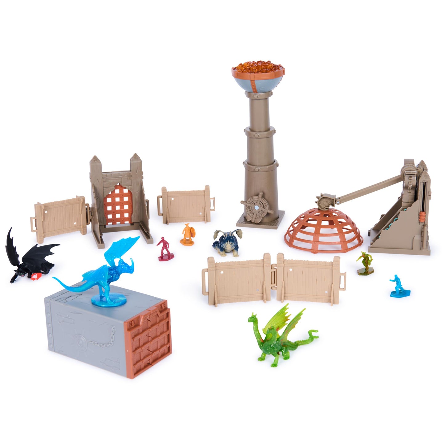 DreamWorks Dragons, World of Berk, Trial of Flame Bundle Pack with Dragon Capture and Torch Tower Playsets, 4 Dragon Figures with 4 Viking Figures, for Ages 4 and up