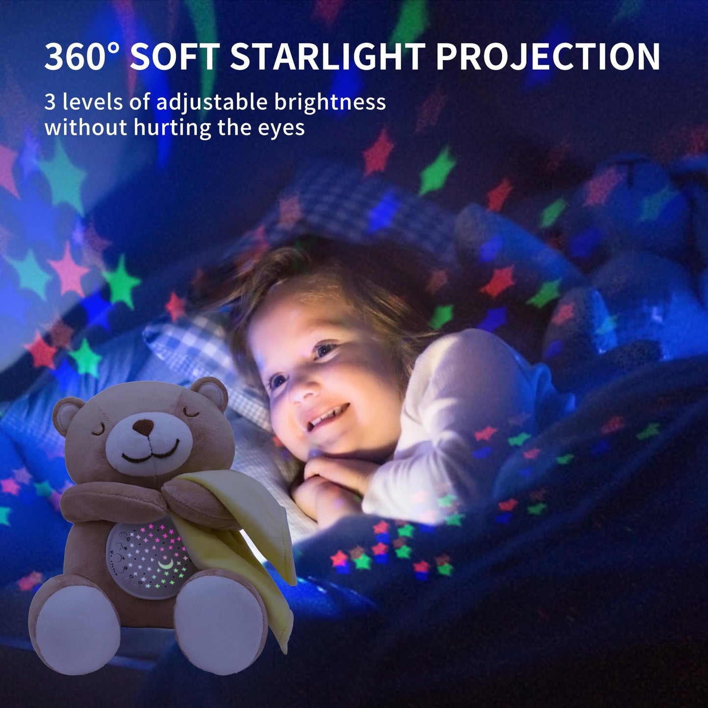 Baby Sleep Soother, White Noise Sound Machine Projector Night Light, Portable Stuffed Teddy Baby Gifts Bear Toy with 18 Soothing Sounds, Auto-Off Timer, Cry Sensor for Kids