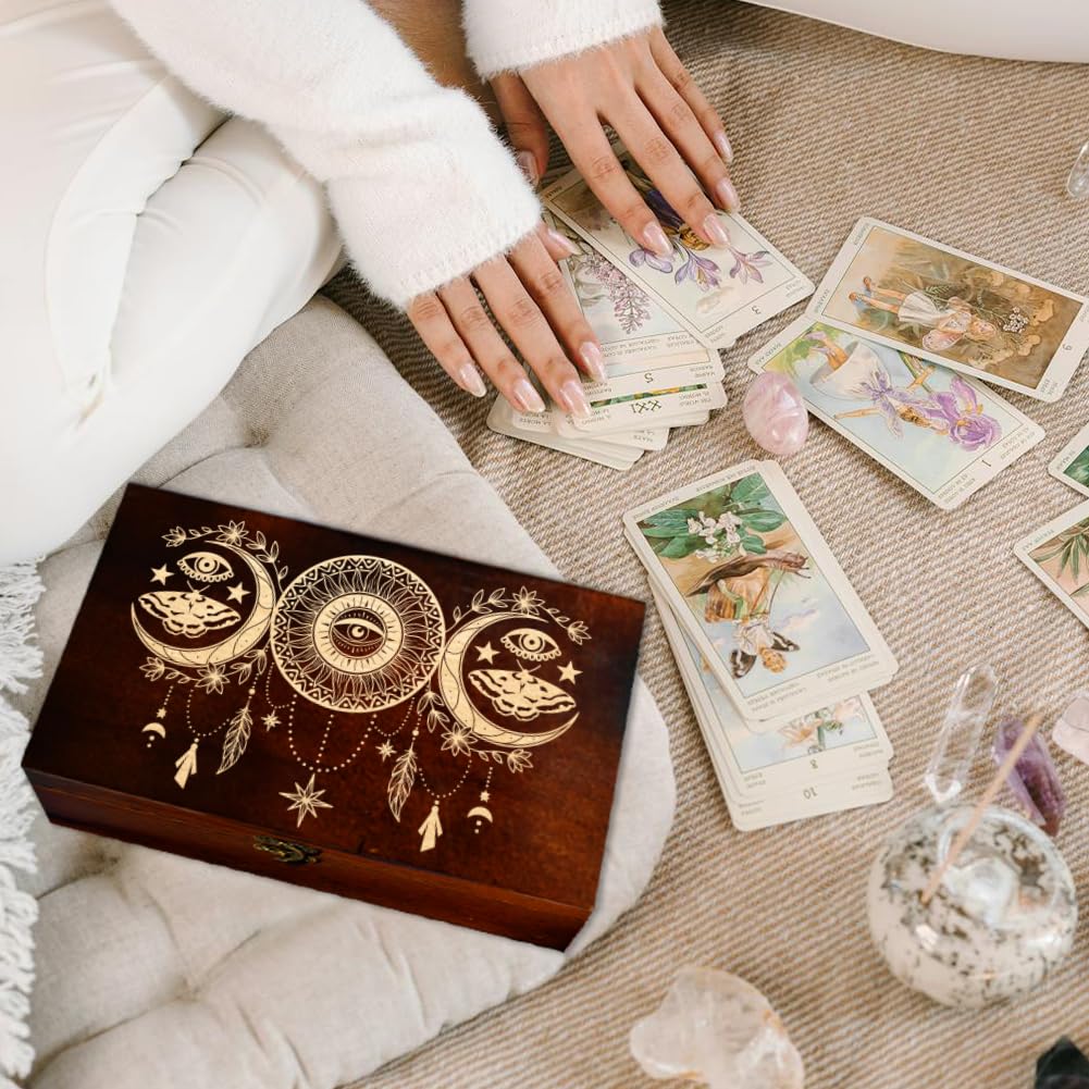 arricraft 1 Pc Wooden Memorial Storage Box, Sun and Moon Evil Eye Dreamcatcher Stars Flowers Pattern Rectangle Pine Photo Box for Anniversary Jewelry Board Storage (9.45x5.51x3.54 Inch)
