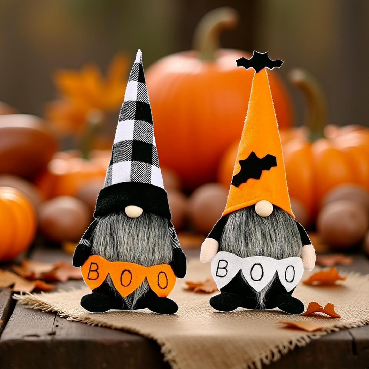Halloween Gnomes Decoration 2 Pack Figures- 10.6'' Plush Gnome Decorations with Boo & Bat Designs, Cute Home Decor for Bookshelf, Window, Porch, Party, Halloween New Year Gift (Boo & Bat Gnomes)
