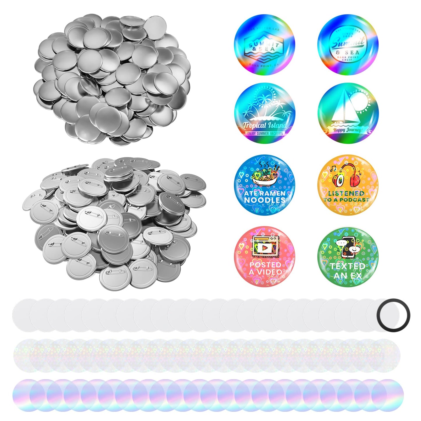 Button Pin Making Supplies 100 Sets 75mm(3'') Button Inserts for 75mm Button Maker Machine, Round Blank Badge Pin Refills with Metal Pin Back, Metal Cover, Glitter Film & One Plastic Washer