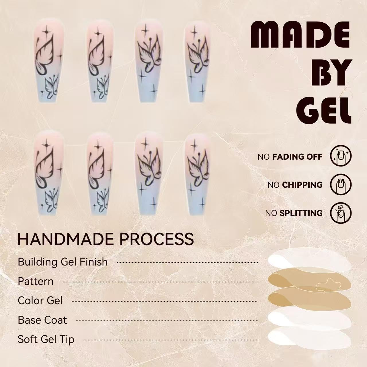 C.Z.Z.T.T.NAILS [24 Pack]Press On Nails, Blue&Pink Frosted Ombre Butterfly Wearers with Jelly Glue| Lusion Wings with Fingertips Concertos Day and Night Double Gradient Aesthetics