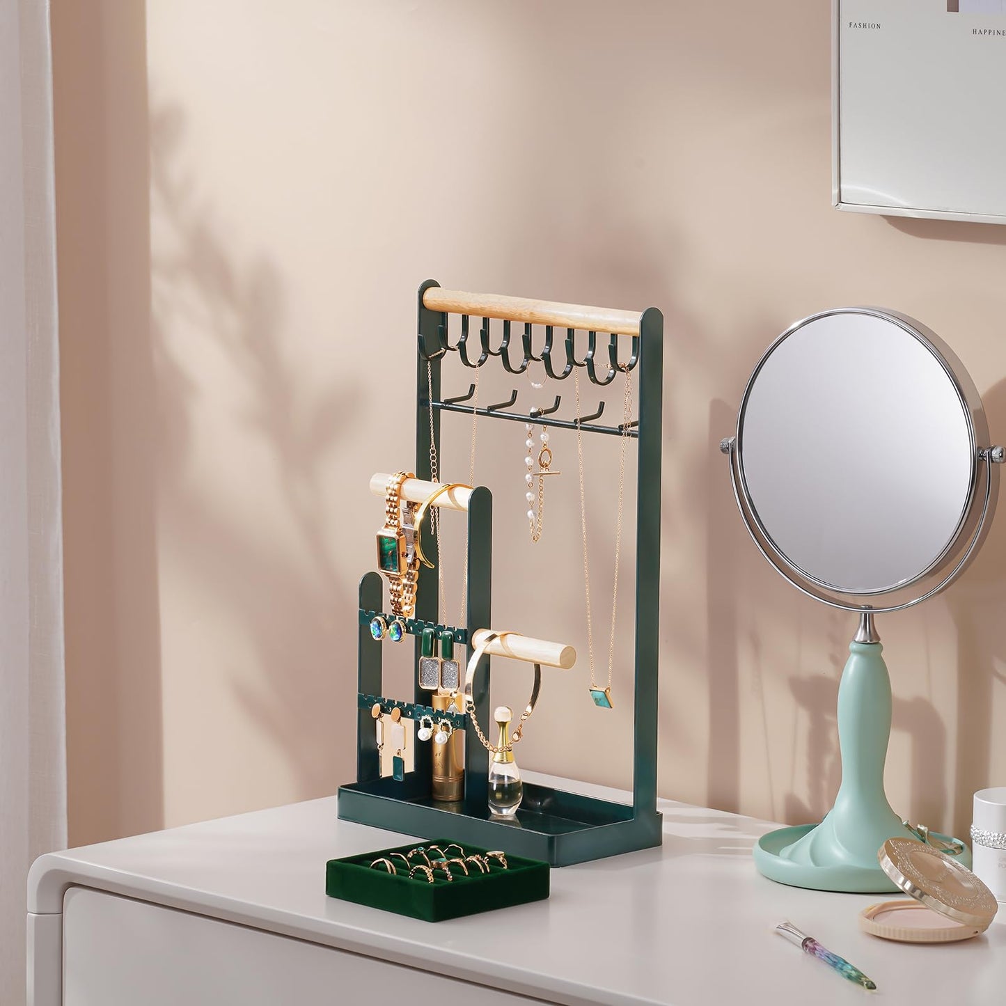 ProCase Jewelry Stand Holder Organizer, 5-Tier Necklace Holder with Ring Tray, 15 Hooks Necklaces Hanging Small Jewelry Display Storage Tower Tree for Bracelets Earrings Watches -Large, Green