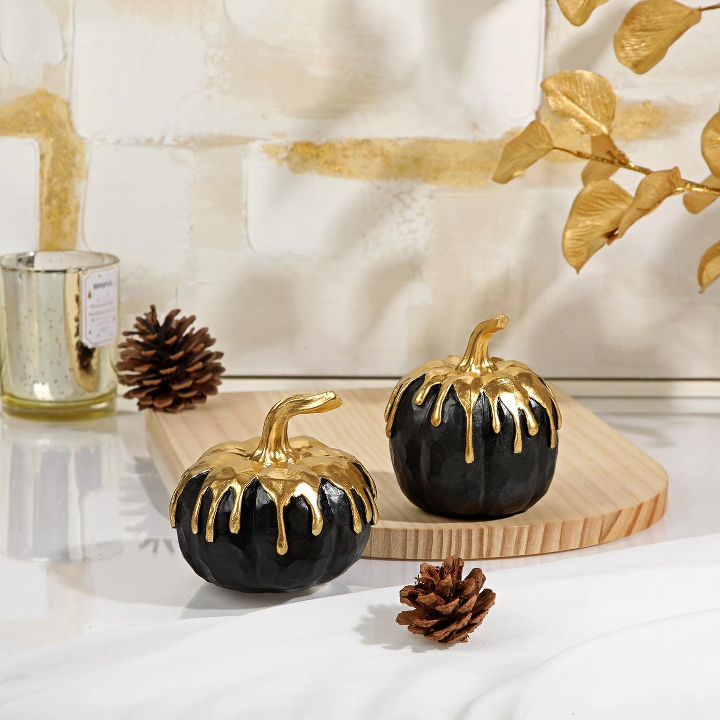 Hollyone Fall Pumpkin Decor 2 PCS Black and Gold Resin Pumpkin Fake Pumpkins for Decorating Figurines Artificial Pumpkins Centerpiece Rustic Farmhouse Halloween Table Fall Decorations for Home