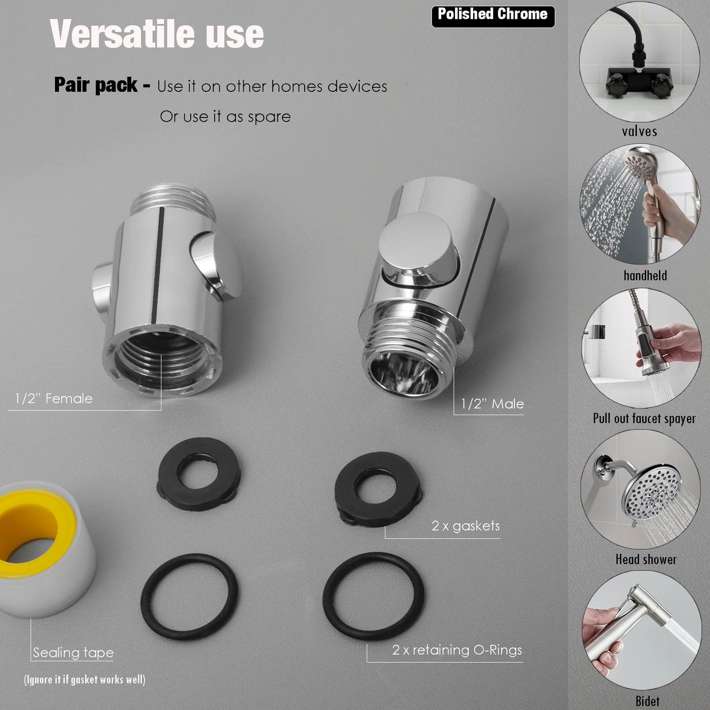 Shower Head Water Shut Off Valve - Pair Pack - Large Button - Water Flow regulator for Shower Hose or Bidet Sprayer - Bathroom & Kitchen water valve (Polished Chrome)