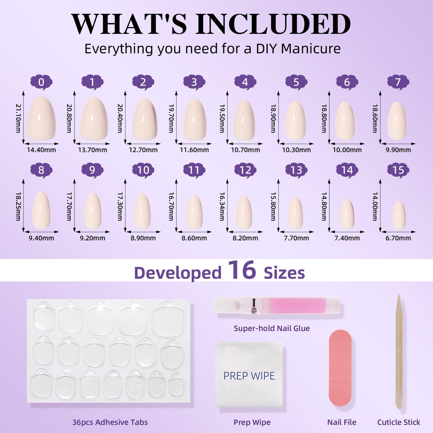White Press On Nails, Short Almond Press On Nails, Milky White Reusable Fake Nails with Glue for Women, 32pcs in 16 Sizes | Salon Quality