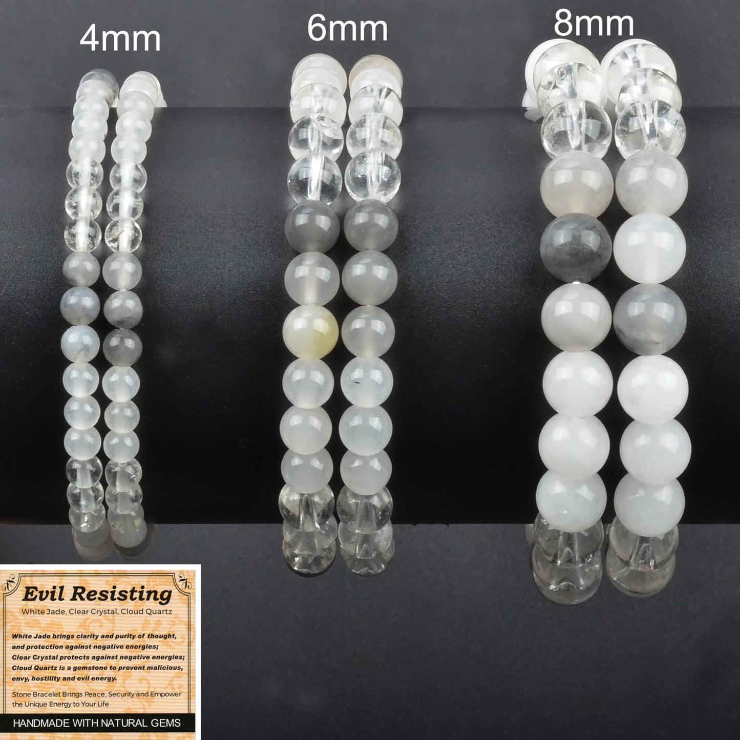 MASSIVE BEADS White Jade Clear Crystal Cloud Quartz - Evil Resisting Handmade Handmade Yoga Stretch Elastic Bracelet Natural Stone Crystal Healing Power Energy Gifts for Unisex Adult 4mm