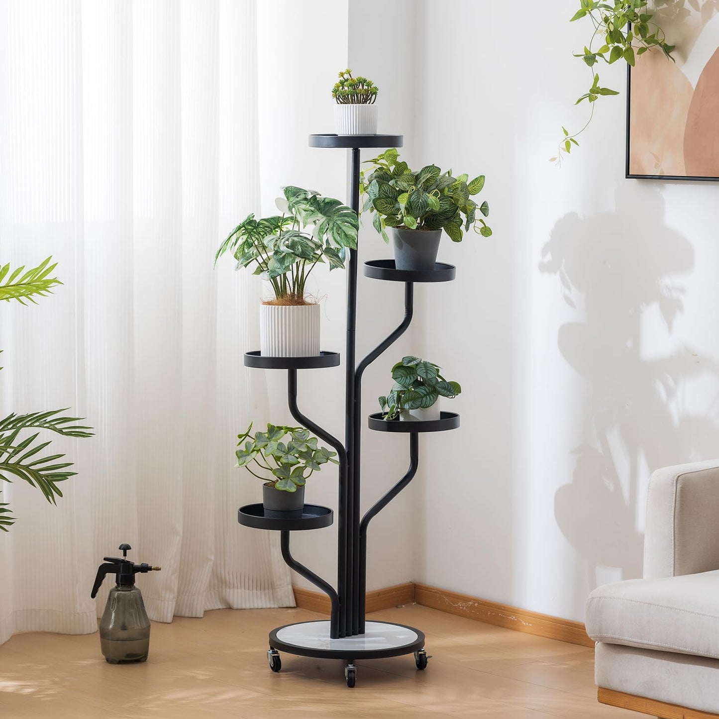 CHPHI 5 Tier Indoor Plant Stand Wrought Iron, Tall Metal Plant Stand with Wheels, Metal Rolling Plant Shelf with 5 Trays, Multi-tier Rolling Display Stand for Home and Office(Black)