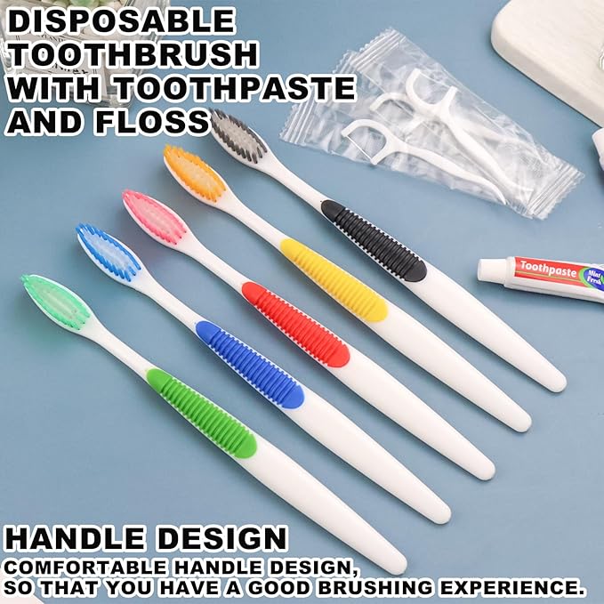 Disposable Toothbrushes with Toothpaste and Floss,100pcs Single Use Individually Wrapped Disposable Travel Toothbrushes and Dental Floss Kit Bulk for Homeless,Airbnb,Dentist,Hotel(5 Colors)