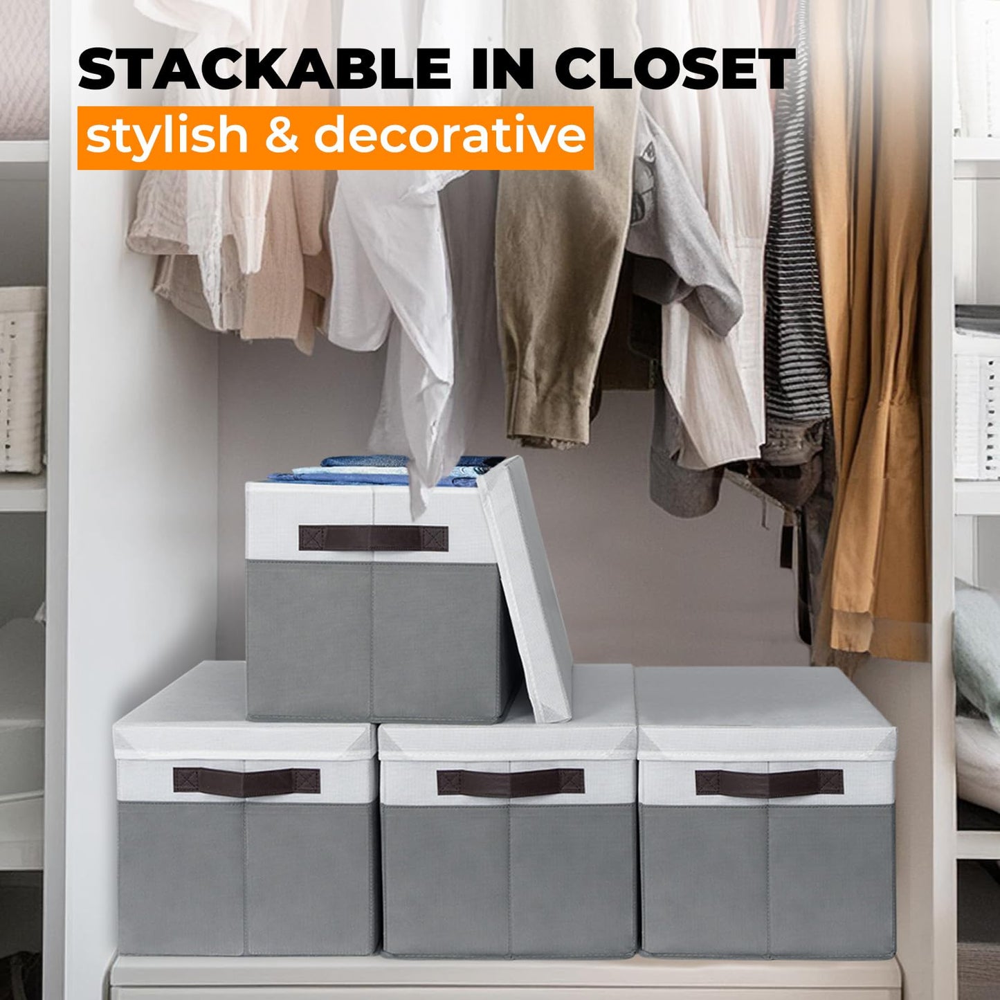 Large Closet Storage Baskets Bins with Lids 4 Pack, Storage Baskets for Organizing Shelves Nursery Bedroom, Home Dorm Closet Organizers Cubes for Clothes Toys Blanket Book - Stackable -14x10x9.5