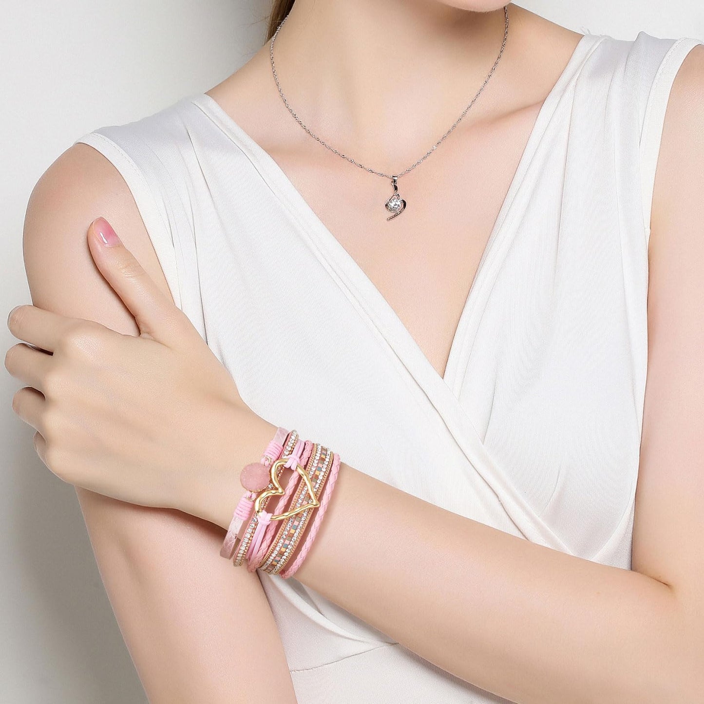 QIUTIMIY Leather Bracelets for Women Trendy Boho Cuff Bracelet Layered Bangle with Clasp Hand Wrist Jewelry Western(Style 6-Pink)