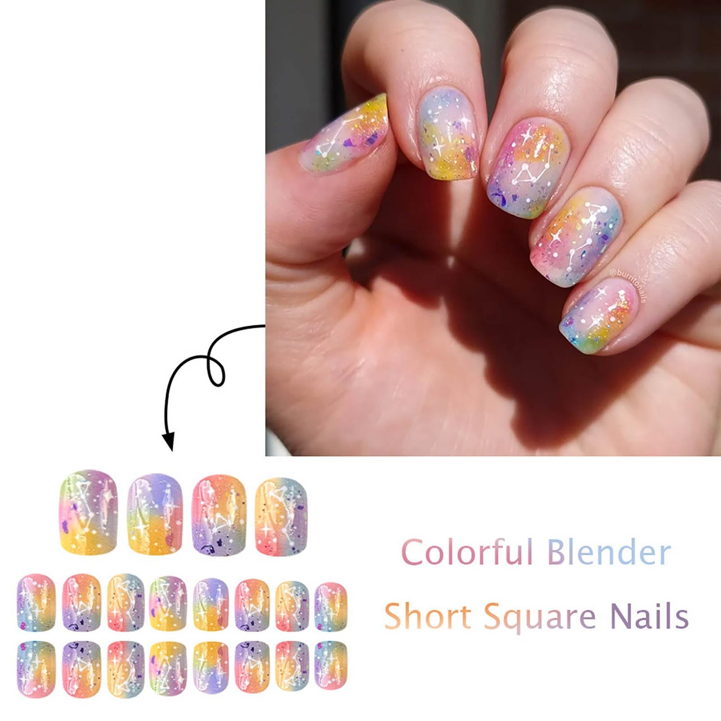 Colorful Press on Nails Short Square Fake Nails Full Cover False Nails with Gradient Designs Acrylic Nails Reusable Glue on Nail for Women 24Pcs