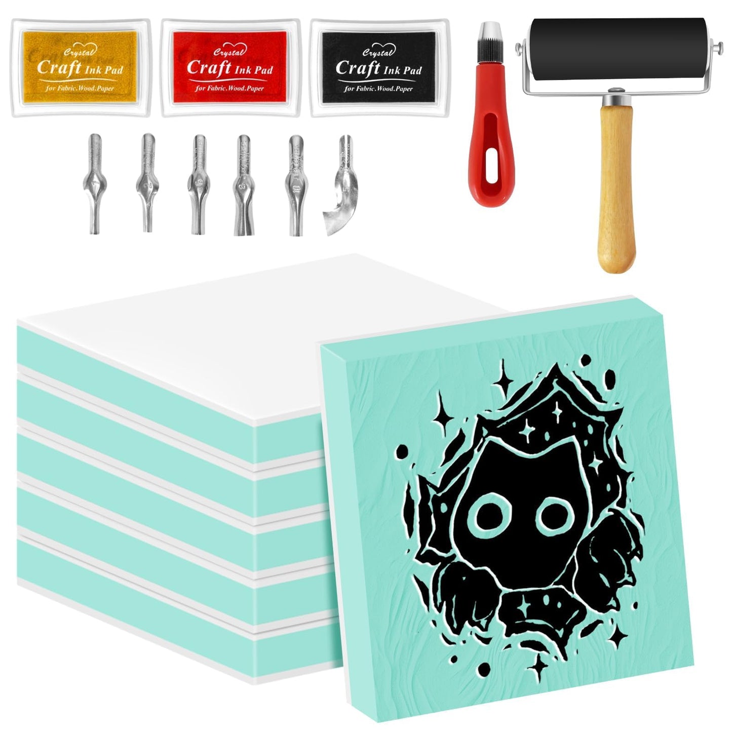 Oopsu 6pcs 2"x2" Rubber Carving Blocks, Linoleum Block Stamp Making Kit for Beginners - DIY Stamp Making, Printmaking Crafts (White & Green)