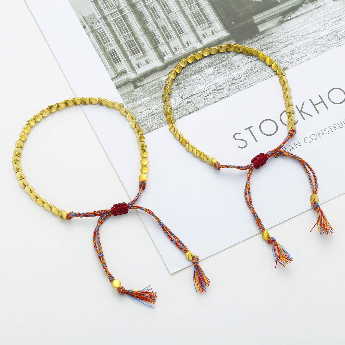 Wremily 2 Pcs Tibetan Copper Bead Adjustable Braided Cotton Bracelet Set Handmade Lucky Rope Bracelet Gift for Women Men