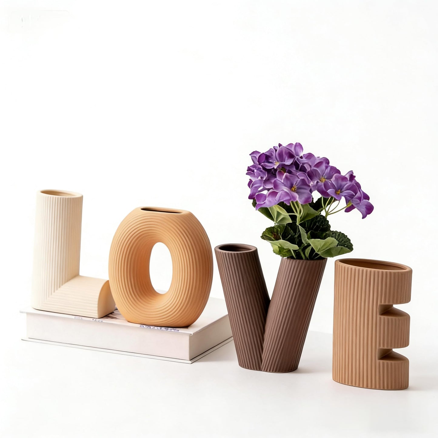 KingZiYu Modern Ceramic Vase Set of 4, Love Letter Shaped Decorative Vases, Neutral Boho Home Decor for Table Centerpiece, Living Room, Bedroom, Wedding, Gift (Khaki, Dark Brown, Orange, Beige)