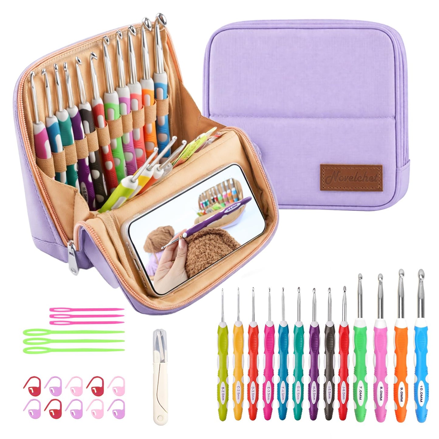 Novelchet Ergonomic Crochet Hooks Set, 13 Sizes Crochet Needles for Beginners with Case 2mm(B)-10mm(N) Purple