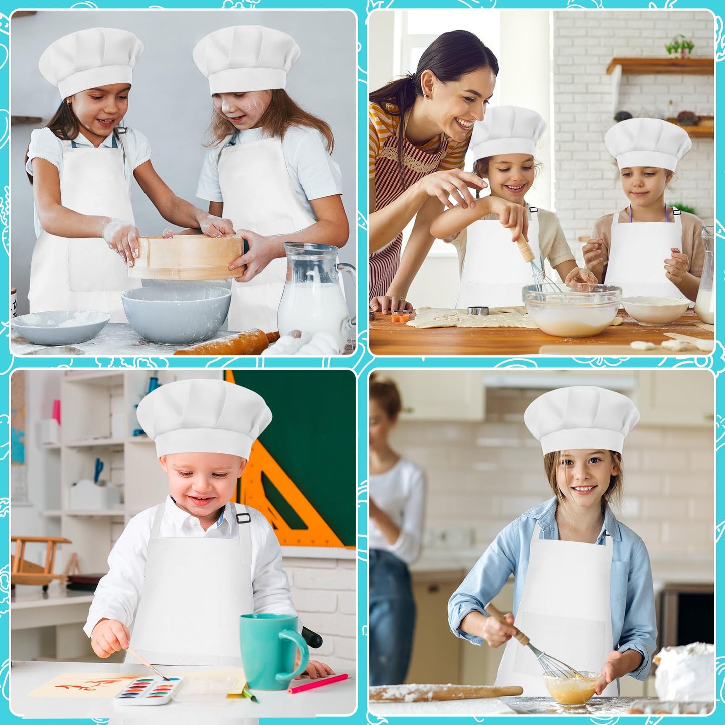 Bouiexye 5 Set Kids Apron and Chef Hat Set Children Apron Adjustable with 2 Pockets Children Chef Painting for Cooking Baking Painting Crafts Making (White