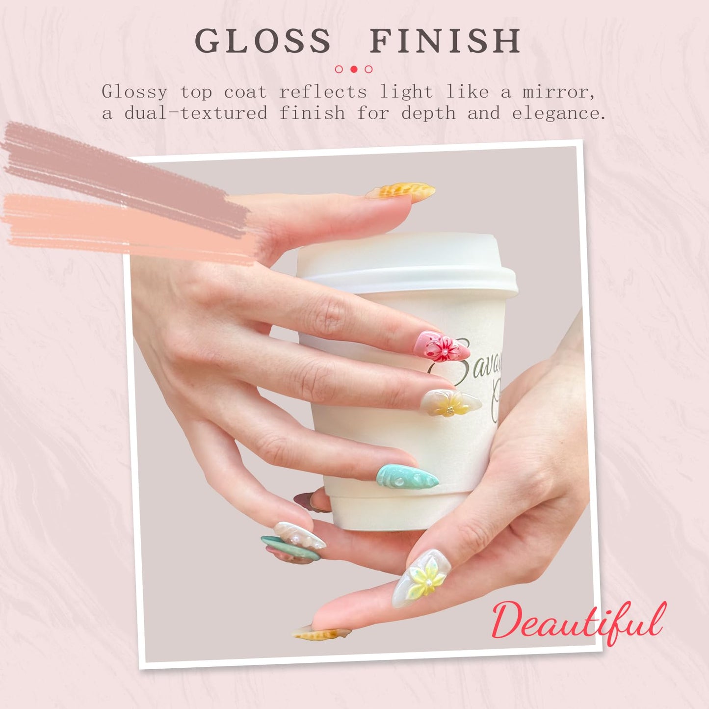 Luxury Handmade Press-On Nails – Medium Almond 3D Flower & Pearl French Tip, Blue Ocean Spring Pattern Reusable Acrylic False Nails (M-10PCS)
