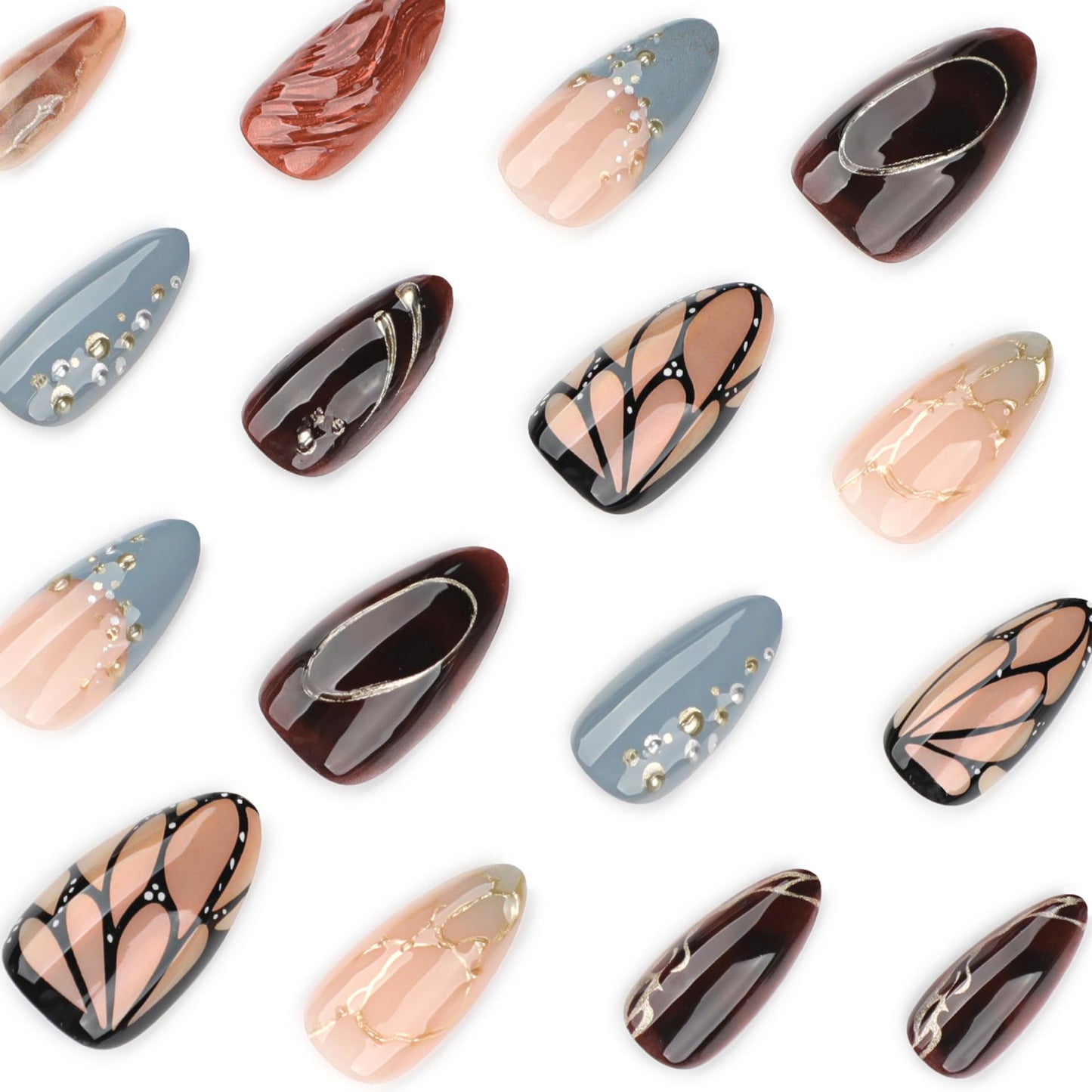 XZMeiLun 3D Butterfly Wings Press On Nails Blue Brown Mixed Medium Almond – Gold Line Pearl Designs, Acrylic Reusable Fake Nails with Adhesive Tabs, Salon Quality Nail Press Ons for Women Manicure