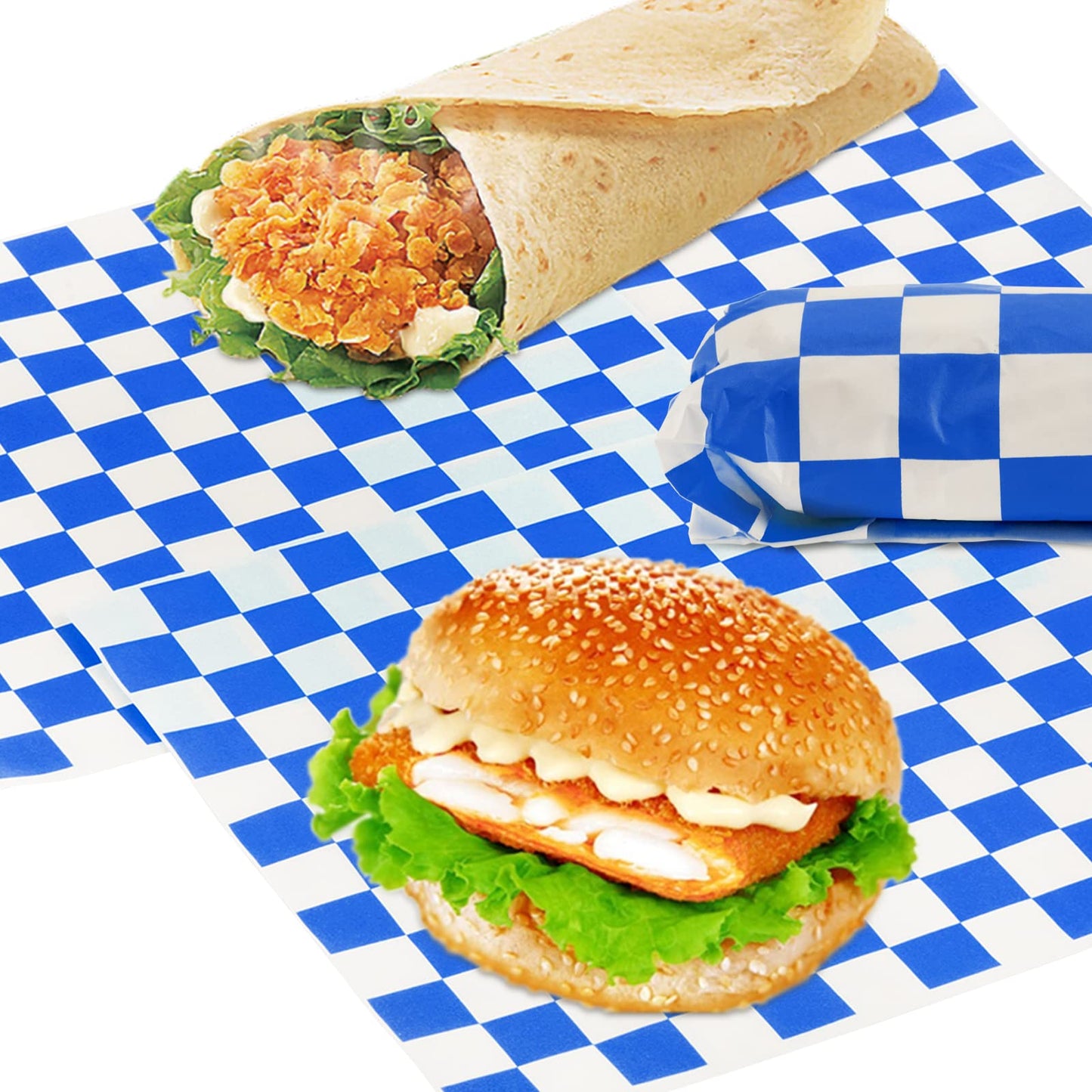 Fasmov 1000 Sheets 12 x 12 inches Sandwich Paper Deli Basket Liner Wrap Food Basket Liners Wrapping Checkered Sheets, Blue & White