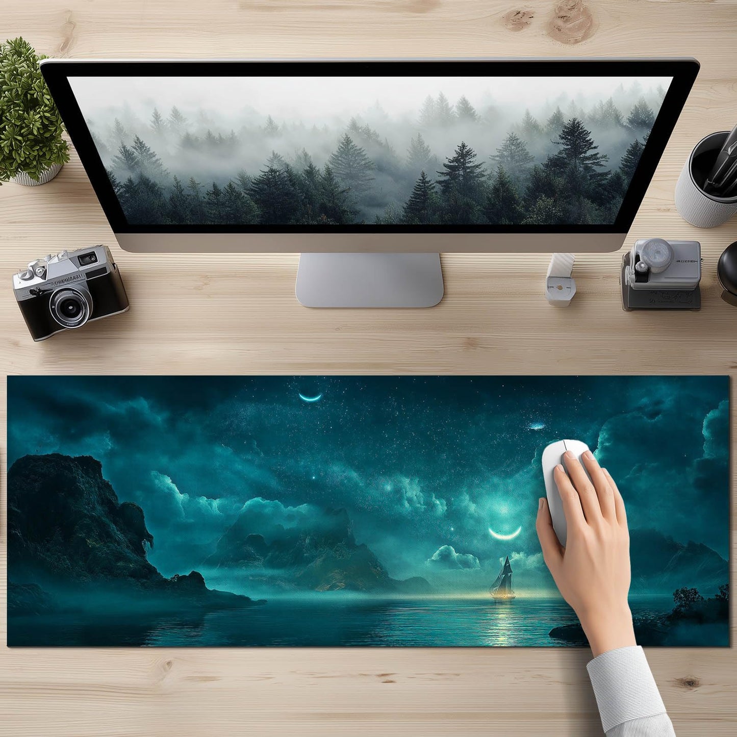 HOMETITUTE Large Mouse Pad 31.5x11.8 Inch Gaming Mousepad Teal Moon Night Seascape Art Non-Slip Keyboard Desktop Protector Mat XL Mouse Pad for Home Office Laptop Wireless Mice Accessories