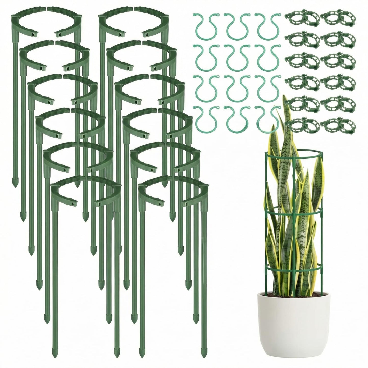 Ferrochef 48 Pcs Plant Support Stakes Half Round Plant Stake for Indoor Plants Stackable 3 Tier Garden Flower Support with Vine Clip and Gourd Shaped Clip for Tomato Monstera Peony Climbing Vegetable