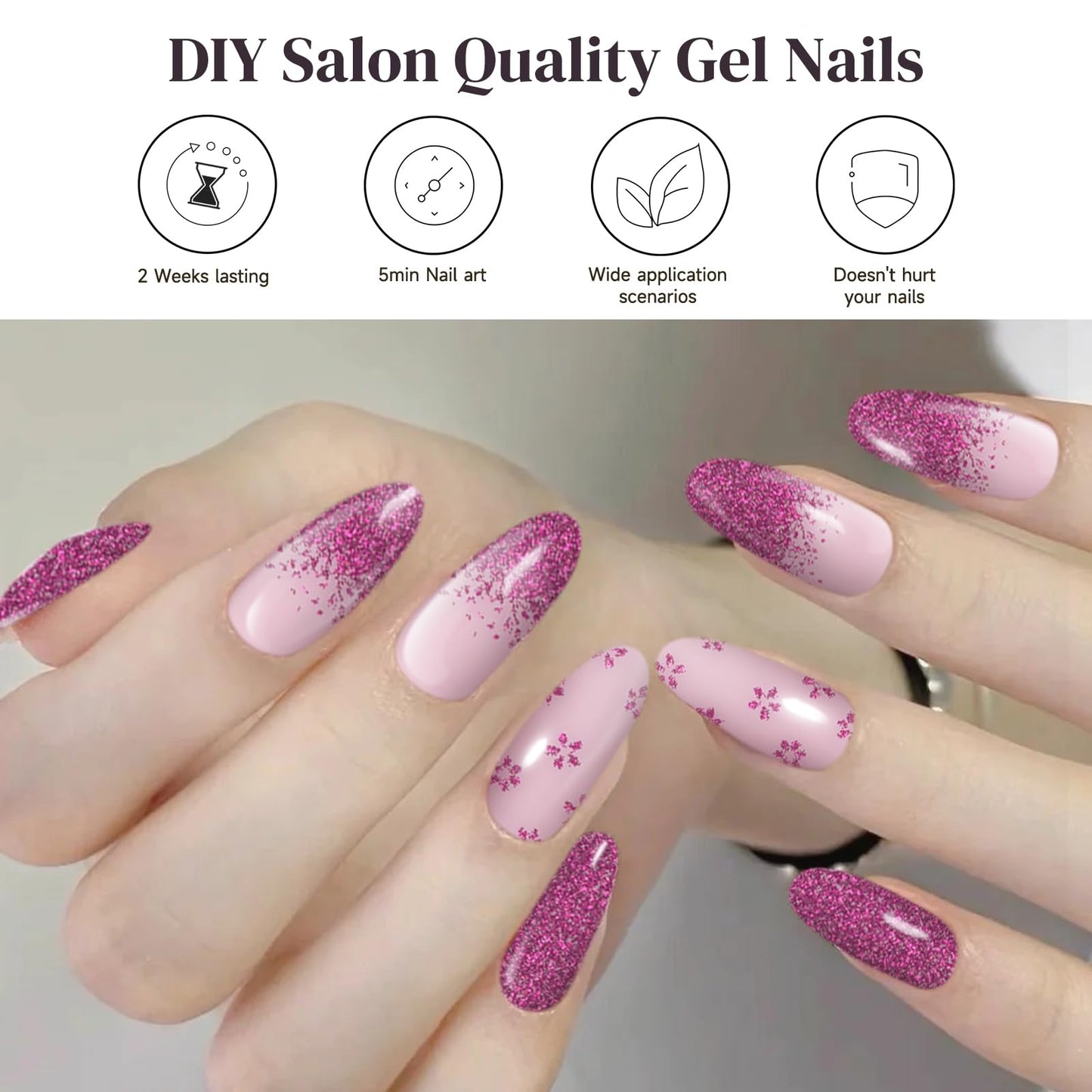 DUKASOU Semi Cured Gel Nail Strips, 56Pcs Nail Art Stickers/Wraps, Long Lasting UV Nail Polish Strips for Adults(Flower Rose Red Glitter)
