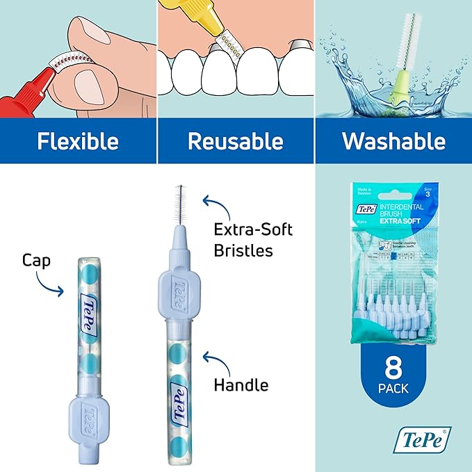 TePe Interdental Brush Extra Soft, Supersoft Dental Brush for Teeth Cleaning, Pack of 8, 0.6 mm, Medium Gaps, Blue, Size 3