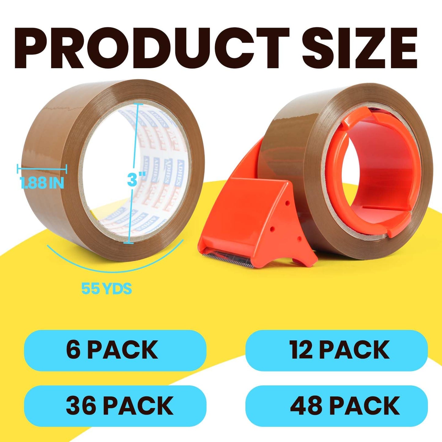ADHES Brown Packing Tape with Dispenser, 1.88 Inch x 55 Yards, 6 Rolls Heavy Duty Shipping Tape for Moving Boxes, Packaging and Storage, Strong Adhesive